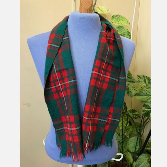 MacDhui Green & Red Scottish Plaid Wool Woven Scarf Vintage Made in Scotland - Picture 2 of 4